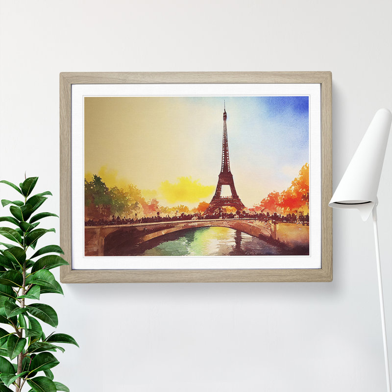 Eiffel Tower In Watercolour Vol.3 - Single Picture Frame Painting, 25cm H x 34cm W x 2cm D, Oak