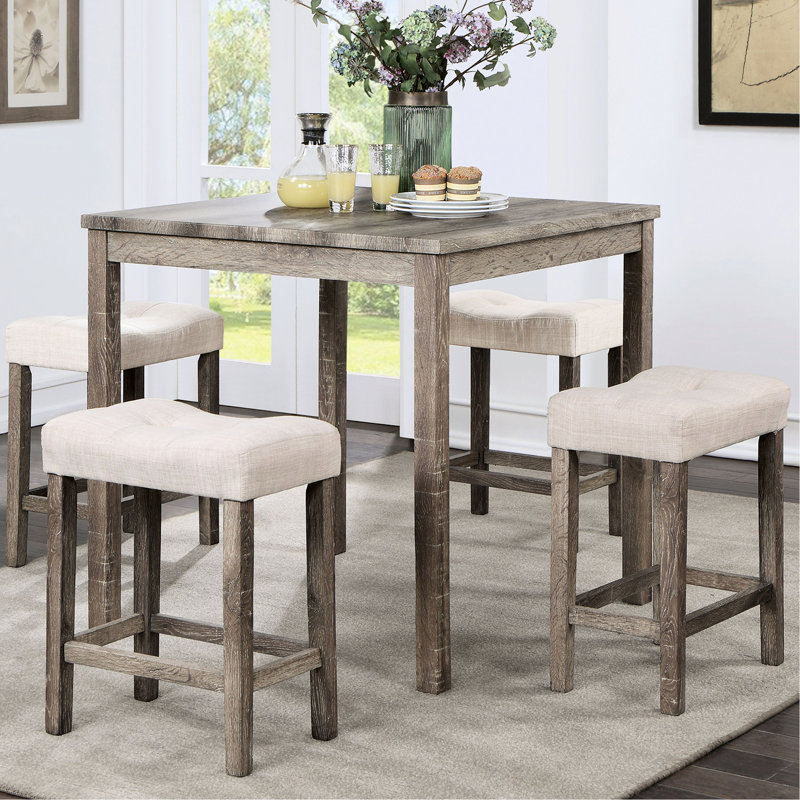 Table de salle à manger à hauteur de comptoir 5 pièces en gris et beige avec tabourets de table en bois massif: table, 4 sièges en lin pour un style moderne