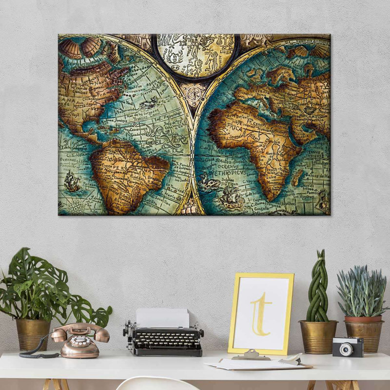 Carte du vieux monde sur toile, H 32 po x l 48 po x P 1,25 po