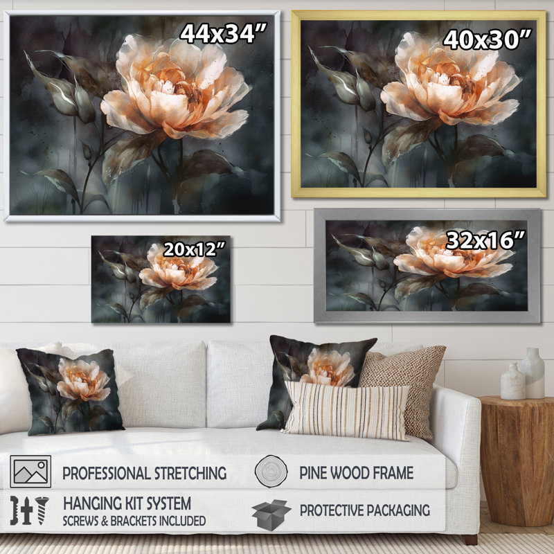 «Peach Flower» sur fond gris foncé - Impression sur toile encadrée de coquelicots, H 12 po x l 20 po x P 1 po