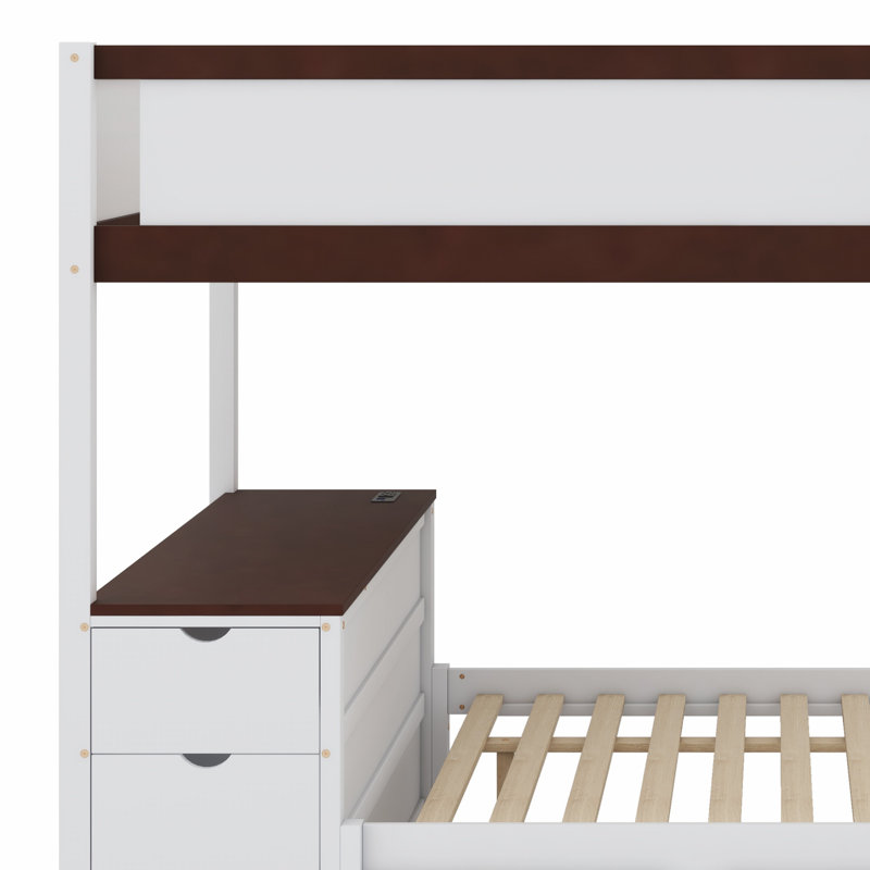 Lit superposé avec lit gigogne, bureau avec tiroirs, Blanc/noyer