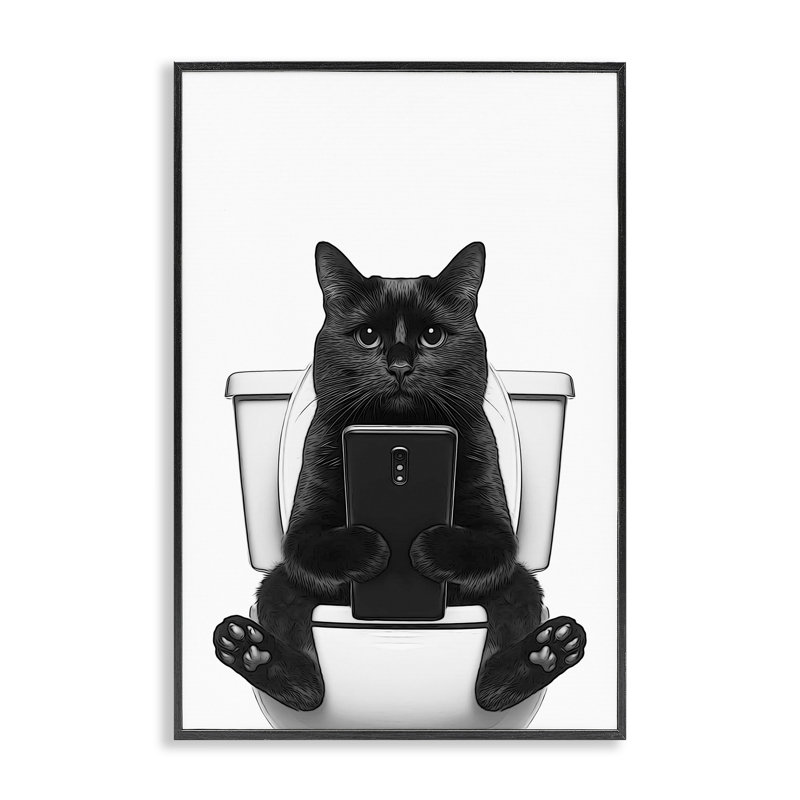 Art textuel de chat sur une toilette par Annalisa Latella, H 18 po x l 12 po, Giclée encadrée noir minuit