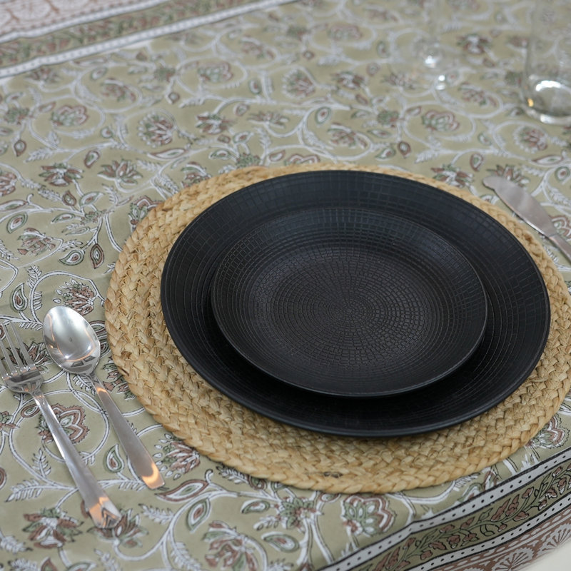 Housse de table en coton Elegant Block Print - Leaf & Bloom Design, Saraswati, vert, L 72 po x L 140 po