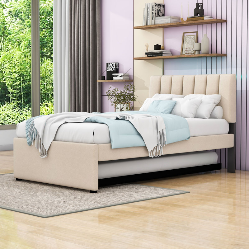 Lit plateforme tapissier Teddy avec lit gigogne simple et lumières DEL, Beige, Simple