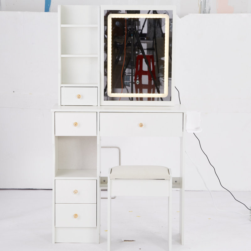29.2" Small Size Left Drawer Desktop Vanity Table + Cushioned Stool, 2 AC+2 USB Power Station, Hair Dryer Bracket, Extra Large Touch Control Sliding LED Mirror, Tri-Color Switching, Brightness Adjust, Makeup Vanity