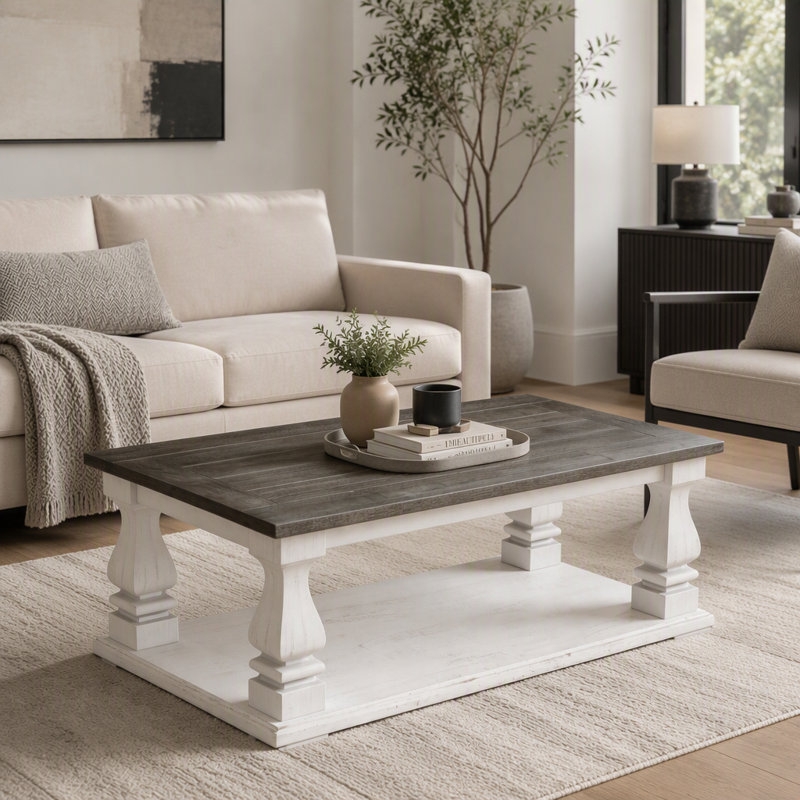 Table basse rectangulaire de style campagnard, table basse rustique avec pieds tournés épais et tablette de rangement