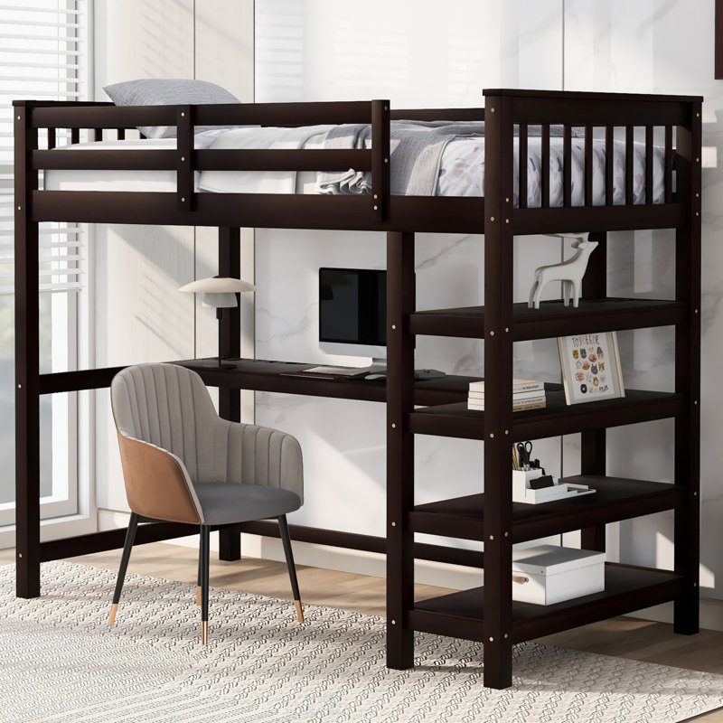 Lit mezzanine simple avec tablettes de rangement et bureau sous le lit, conception robuste et peu encombrante pour les chambres modernes