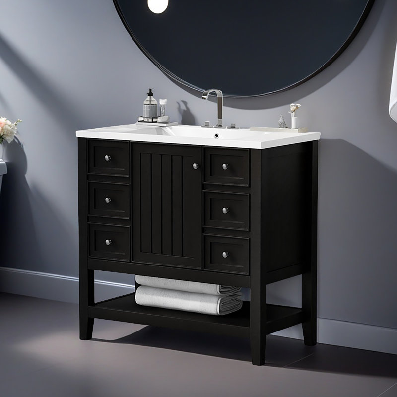 36" Bathroom Vanity With Sink Combo, One Cabinet And Three Drawers, Solid Wood And MDF Board, Noir, noir, noir, noir
