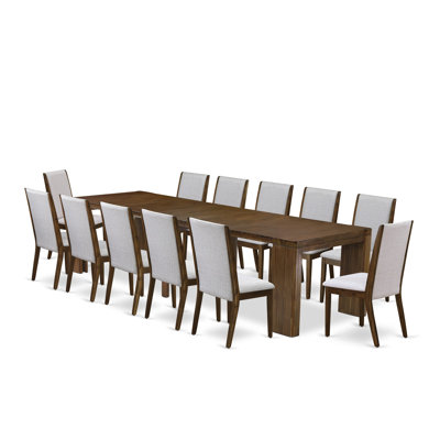 13 Pieces Modern Dining Set contains an Extendable Rectangle Kitchen Table and 12 Dining Chairs, Antique Walnut