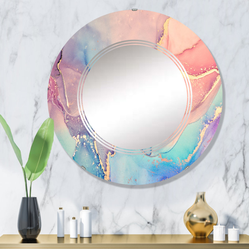 Rose et bleu liquide Art II - miroir mural rond moderne, 32 po x 32 po