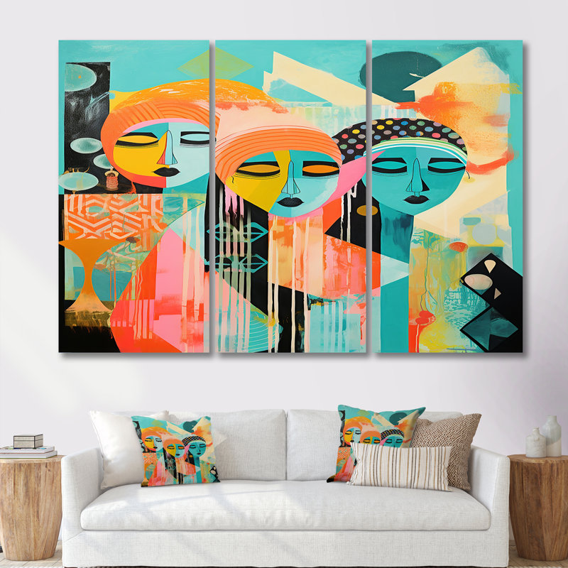 Serene Devotion Three Turquoise Woman Praying - Abstract Collages, impression d'art mural, Toile tendue