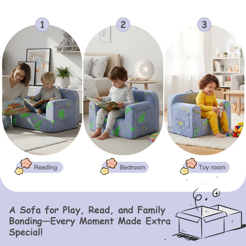 Kids Sofa Toddler Chair, Children Couch With Side Pockets, Blue Astronauts
