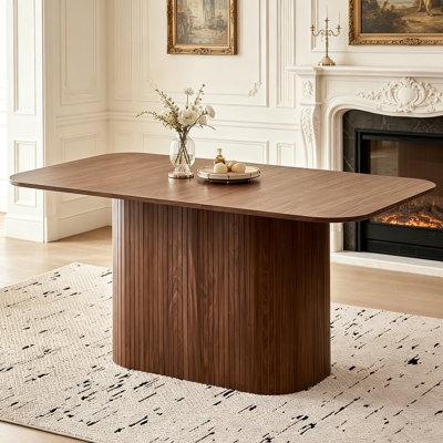 63" Large Dining Table for 4, Modern Rectangle Dining Room Table with Grooved Pedestal Base, Brown