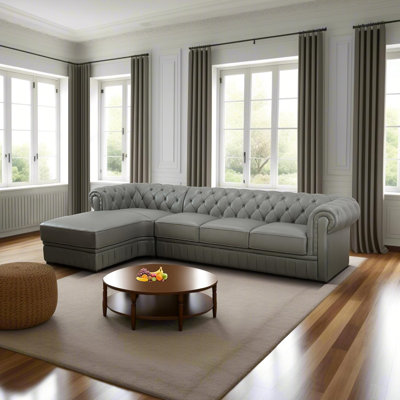 Nivaldo 132.5"  Button Tufted Genuine Cowhide Leather Classic Chesterfield Living Room Sectional