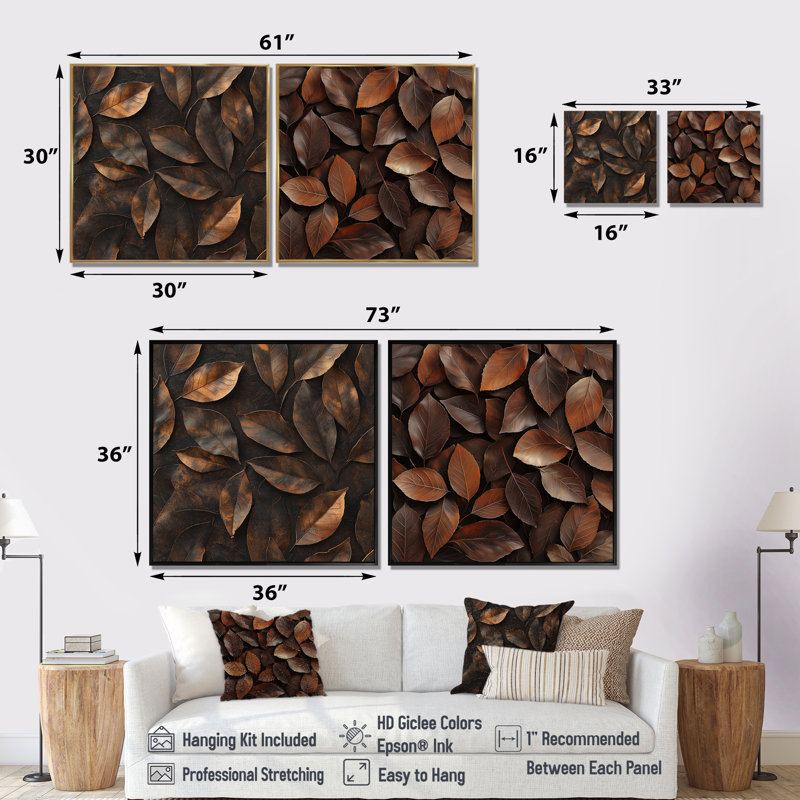 «Brown Sable Leaves I» - décoration murale feuilles - art mural traditionnel 2 pièces, Cadre flottant, H 30 po x l 61 po