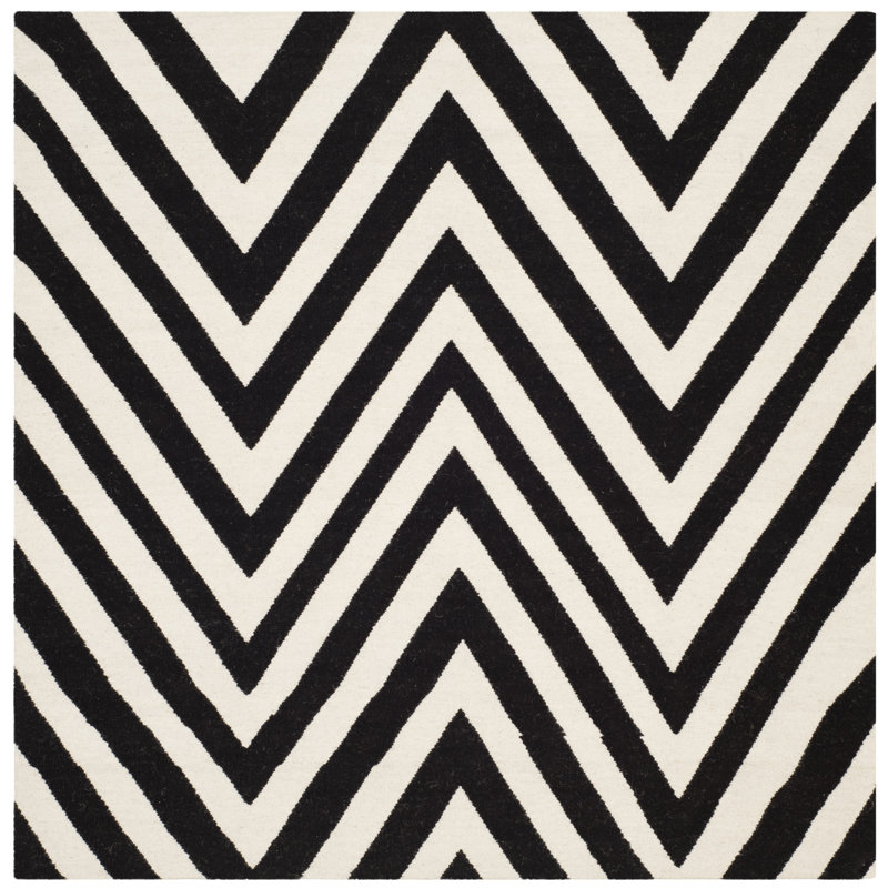 Rodgers Hand Woven Flat Weave Wool/Cotton Geometric Rug in Black/Ivory, Square 6'