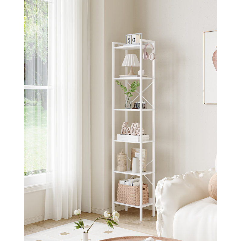 Bibliothèque Everlene, étagère à livres, bibliothèque industrielle avec 2 crochets, étagère de rangement Coner, Blanc