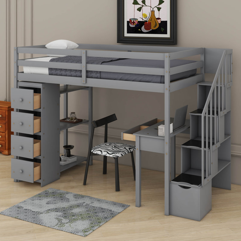 Twin Size Loft Bed With 4 Drawers,Desk,Shelves And Stairs, Gray