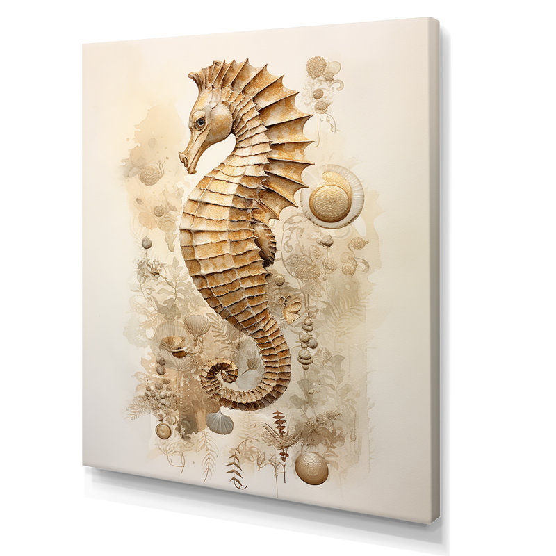 Hippocampe magique beige III sur toile, Toile tendue, H 20 po x l 12 po x P 1 po