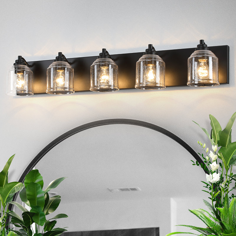 Modern Farmhouse Dimmable Bathroom Vanity Light with Seeded Glass and One-Piece Backplate, 5, Matte Black