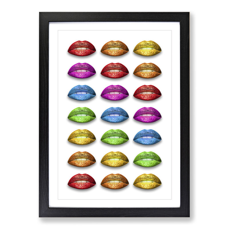 Rainbow Lips - Single Picture Frame Print on Wood, 48cm H x 36cm W x 2cm D, Black Framed