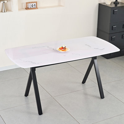 Table de salle à manger rectangulaire en verre trempé avec motif en marbre