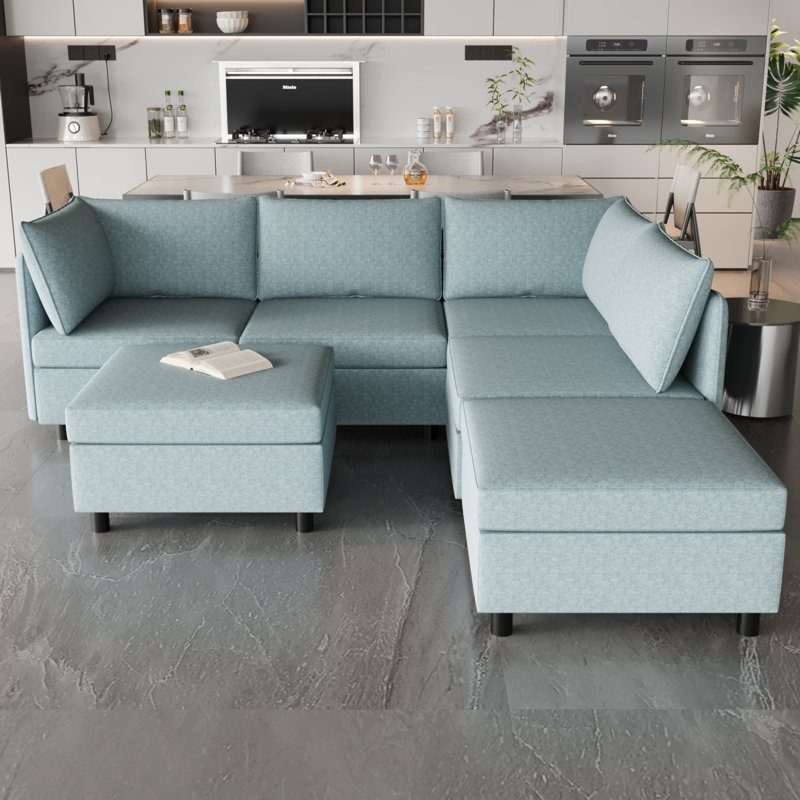 Canapé modulaire Luxema, Bleu antique, H 32 po x l 93,5 po x P 68 po