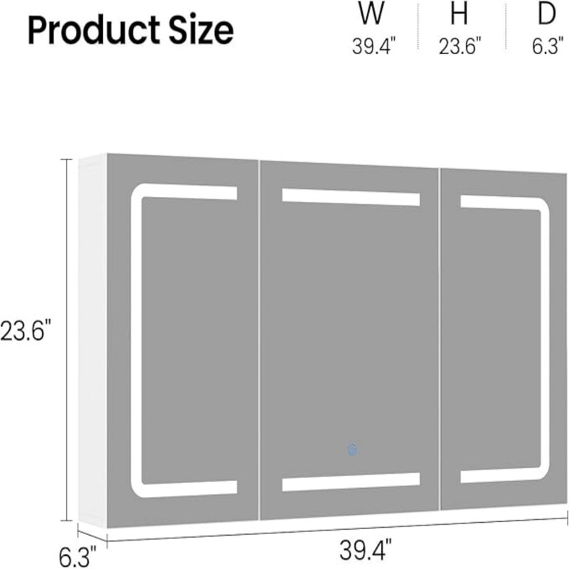 Medicine Cabinet Organizer With Mirror, Lighted Bathroom Medicine Cabinet With Storage, 3 Doors Bathroom Wall Cabinet With Led Lights, Adjustable Shelves & Outlets, 39.4'' X 23.6'', White