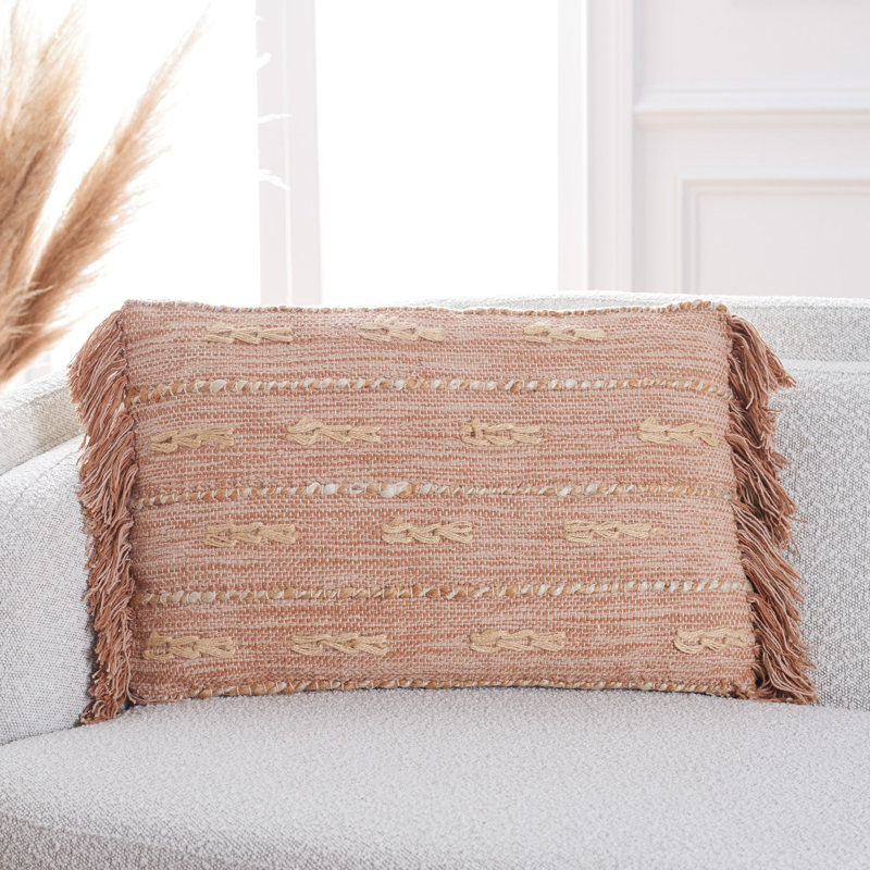 Janine Fringed Cotton Reversible Throw Pillow, Orange/Beige