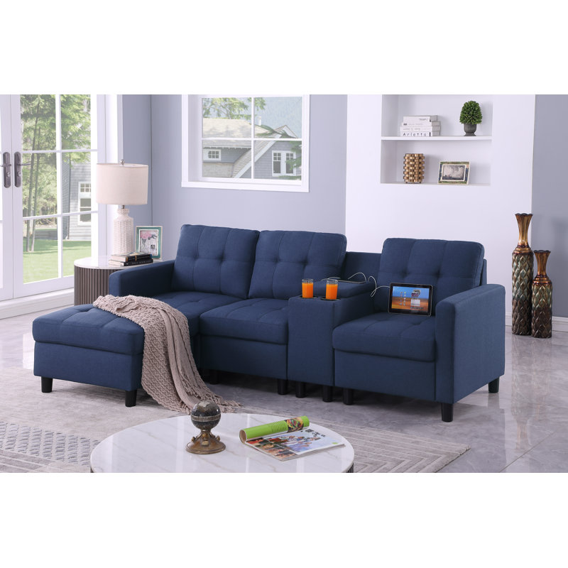 5 Piece Upholstered Sofa With Ottoman And Storage&cup Holder& Usb Ports Stand Console, Dark Blue