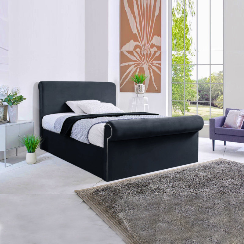 Cianne Upholstered Velvet Sleigh Bed, Kingsize (5'), Steel