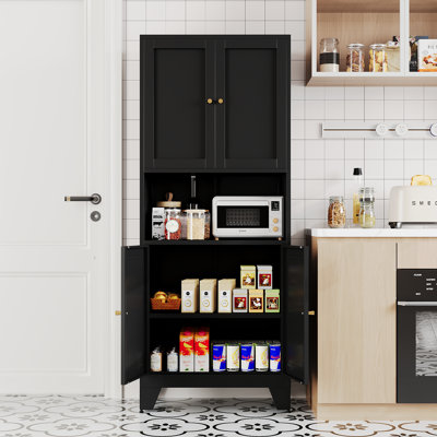 69-inch high metal storage cabinet, modern pantry with microwave rack, freestanding towel storage cabinet, kitchen wall cabinet, food display cabinet by Latitude Run