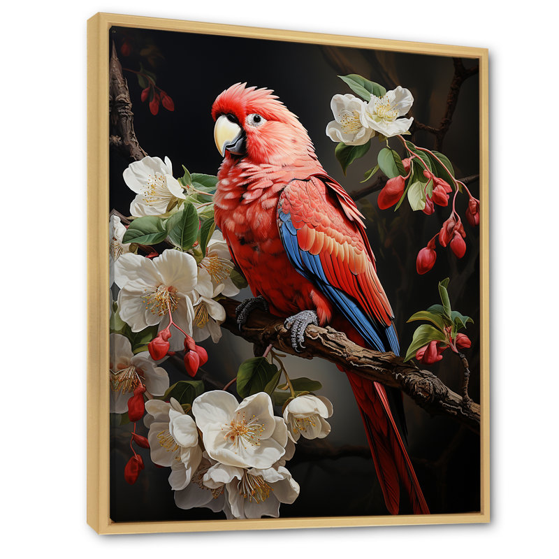Perroquets rouges, éclat éclatant sur toile, H 44 po x l 34 po x P 1,5 po, Cadre flottant naturel