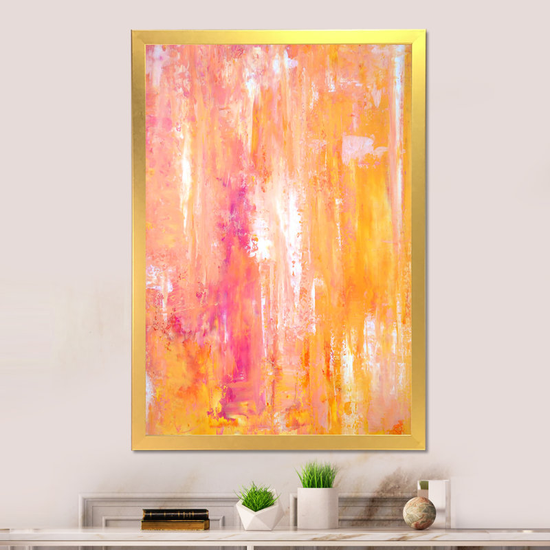 Champs de couleurs dans des tons d'orange et de rose - peinture sur toile, H 32 po x l 16 po x P 1 po, Cadre doré