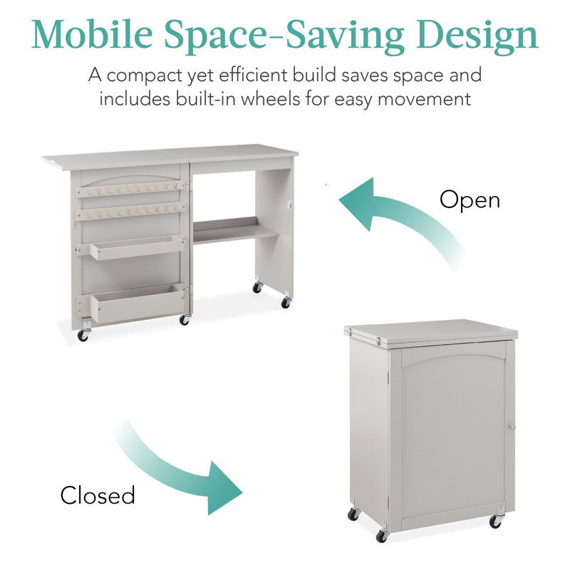 Gray Folding Sewing Table with Storage and Wheels
