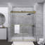 Porte de douche coulissante double sans cadre l 56 à 60 po x H 70 po, verre trempé clair de 8 mm de diamètre, couche de finition facile à nettoyer, or brossé avec système de tampon-128545825