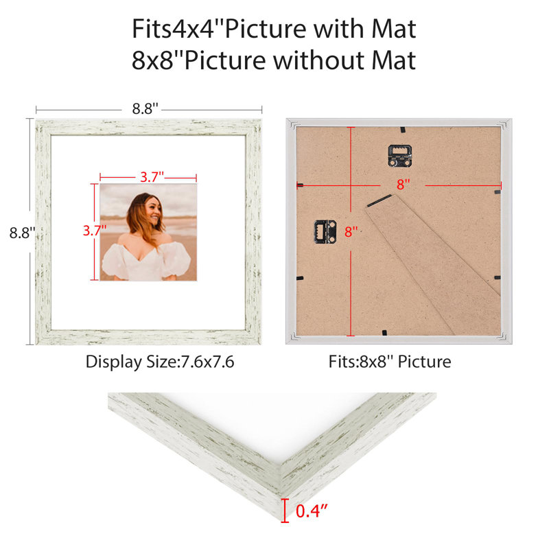 8X8 Picture Frame Set Of 9, Display Pictures 4X4 With Mat Or 8X8 Without Mat, Multi Collage Gallery Square Photo Frames For Wall Or Tabletop, Distressed White