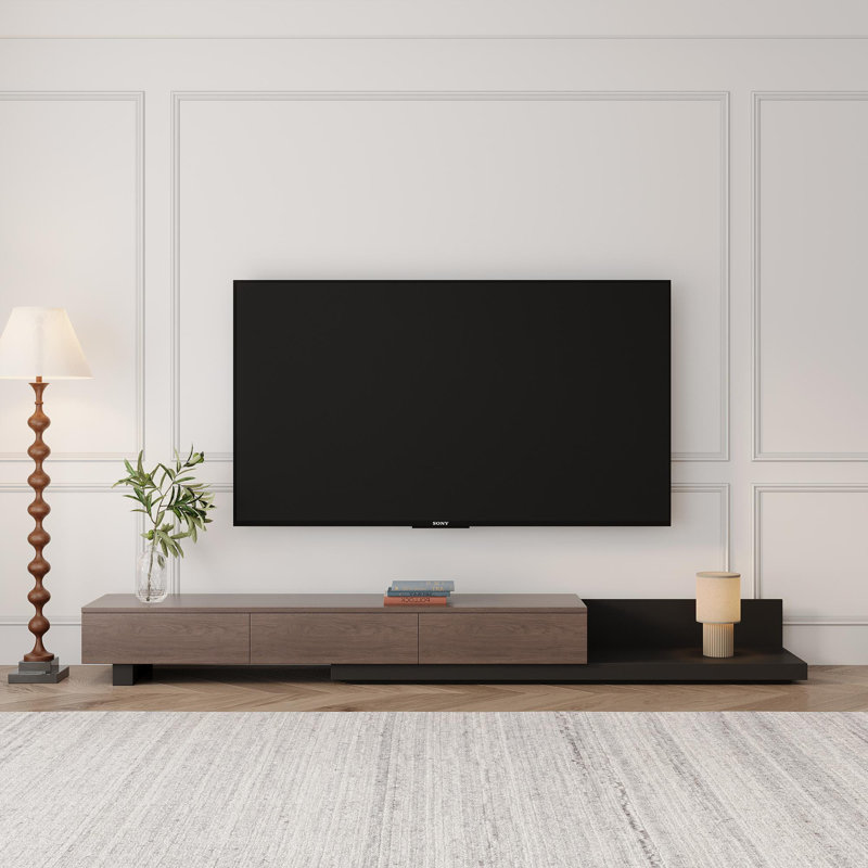 Carmavy Extendable TV Stand For Tvs Up To 85'' With Storage Drawers, Walnut/Matte Black