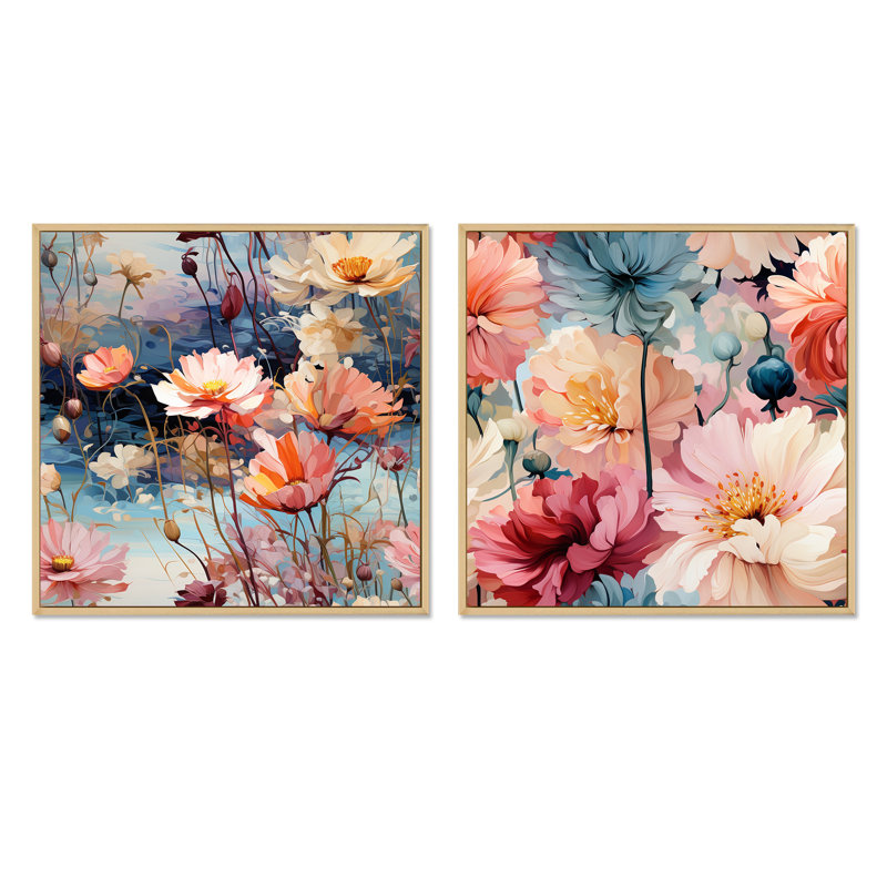Monets Garden - motif botanique III - ensemble de 2 collages floraux carrés, Cadre flottant brun, H 16 po x l 33 po