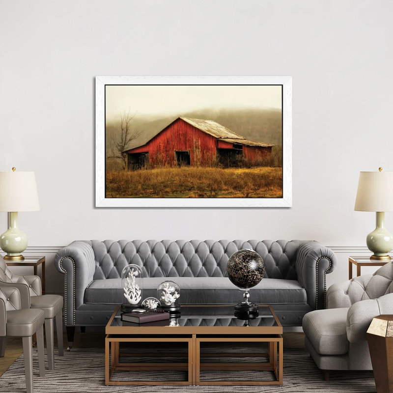 Skylight Barn In The Fog by Andy Amos - Floater Frame Print on Canvas, White Framed, 101.6 cm H x 66.04 cm W
