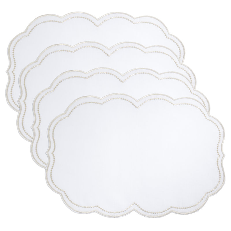 Embroidered Polka Dot Placemat w/ Scallop Edge (Set of 4), White/Champagne