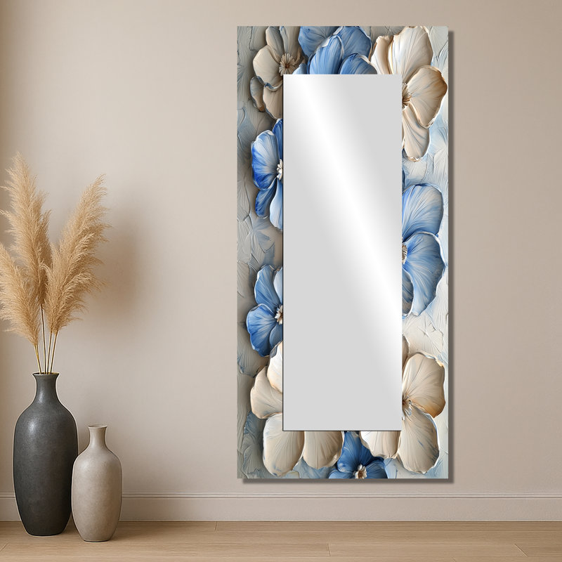 Velours crème bleu Rhododendron I - décoration murale miroir floral - imprimé sur métal, 28 po x 60 po