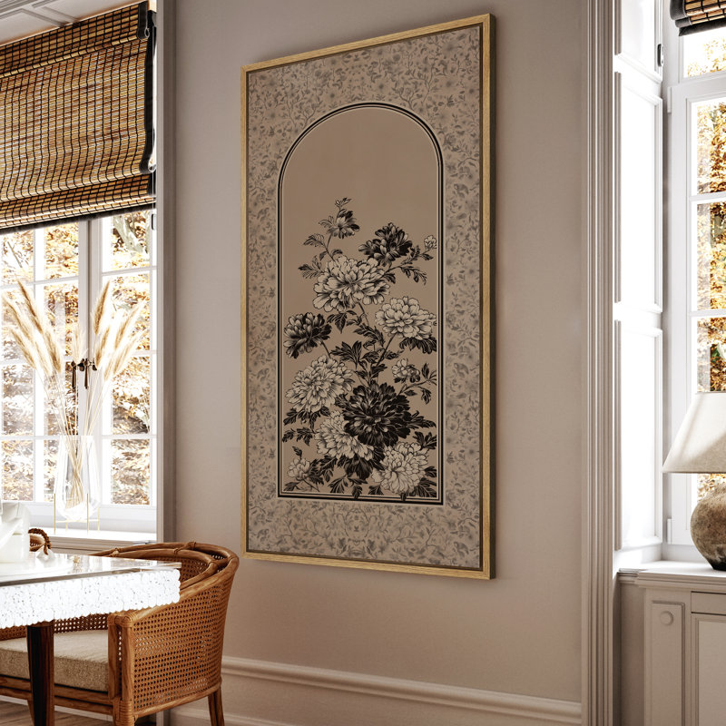 Panneau rétro arqué floral avec détails botaniques élégants - impression sur toile encadrée pour chambre principale, Naturel