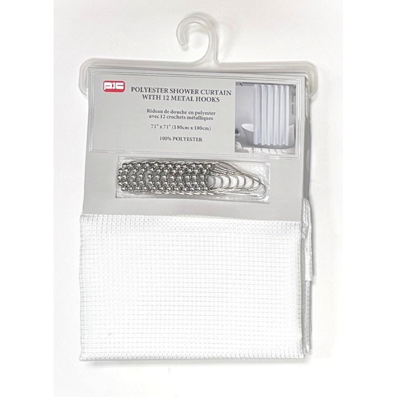 Polyester Waffle Shower Curtain+Metal Hooks, White Geometric Shapes