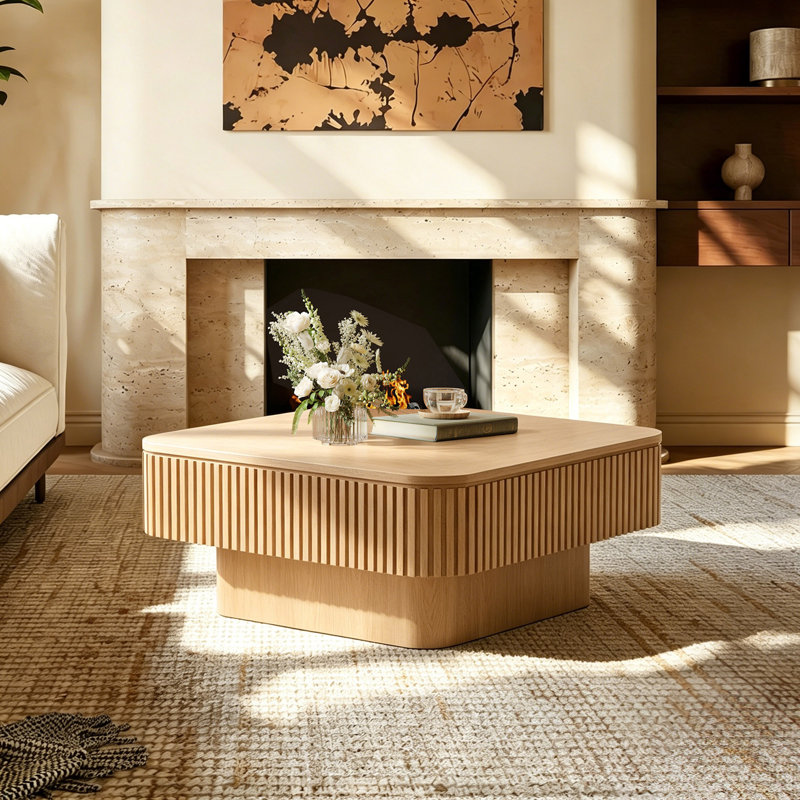 Solid Wood 31.5'' Square Coffee Table With Storage, Natural Wood