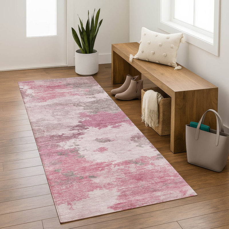 Premium Machine Washable Mayfield AMF2144 abstract Rug, 2'3" x 7'6" Runner, Pink