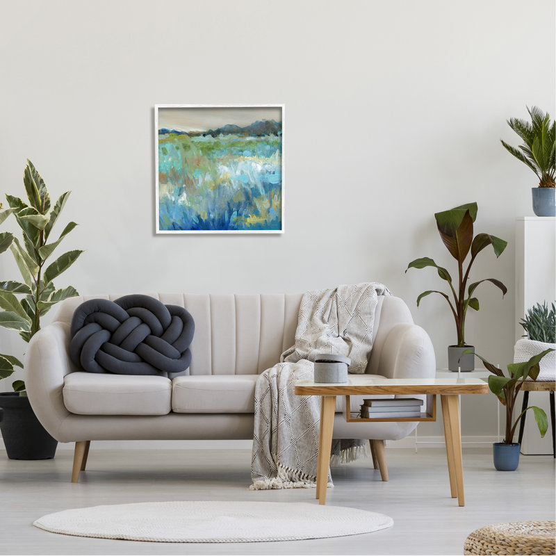 Abstrait bleu pré encadré sur bois, Giclée encadrée blanc bord de mer, H 24 po x l 24 po x P 1,5 po