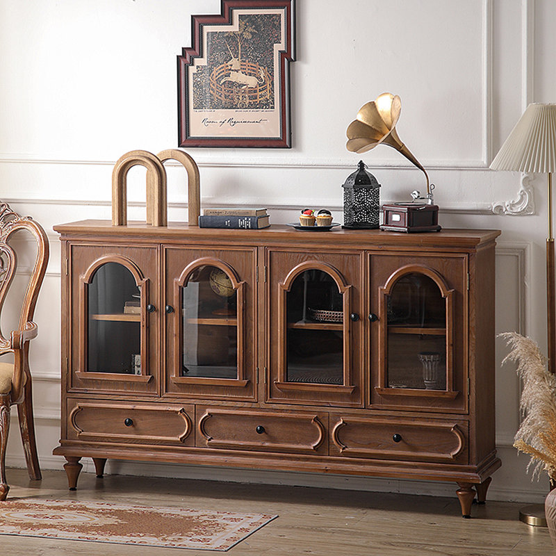Buffet rétro en bois de pin, armoire de rangement en verre ondulé, Brun