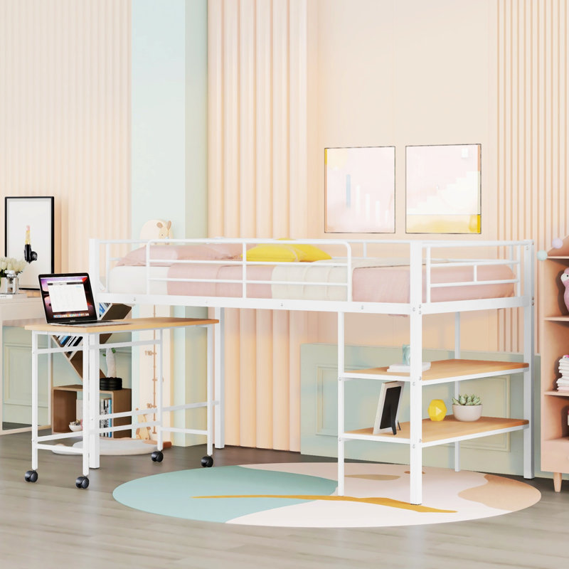 Lit mezzanine simple en métal, table indépendante avec roulettes, deux tablettes, Blanc