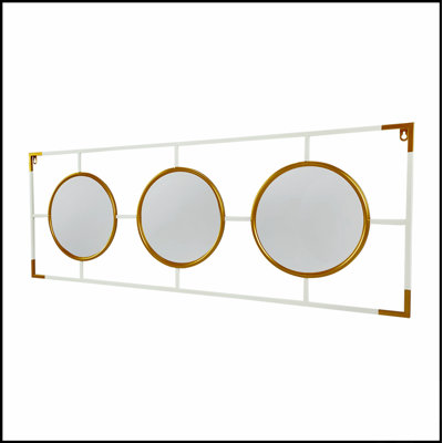Elegant Gold And White Frame Wall Decor With Three Convex Mirrors, Perfect For Modern And Deco-Styled Interiors.